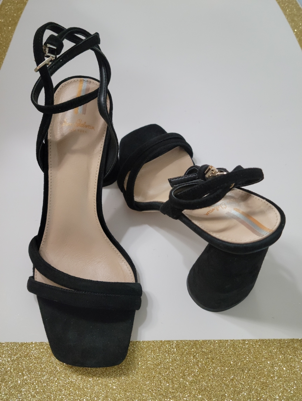 Sam Edelman Womens 8.5 Med KIA Heeled Black Suede, Ankle Strap Sandals